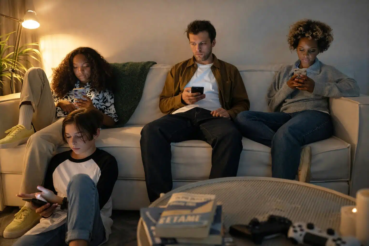 family sitting on the sofa staring at their screens