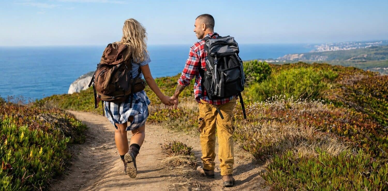 a couple holding hands walking near the sea