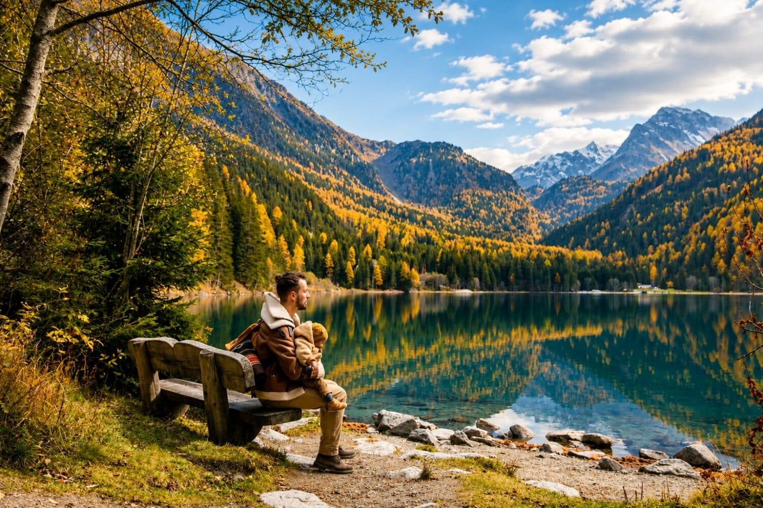 father and son enjoying the serene lakeside scenery