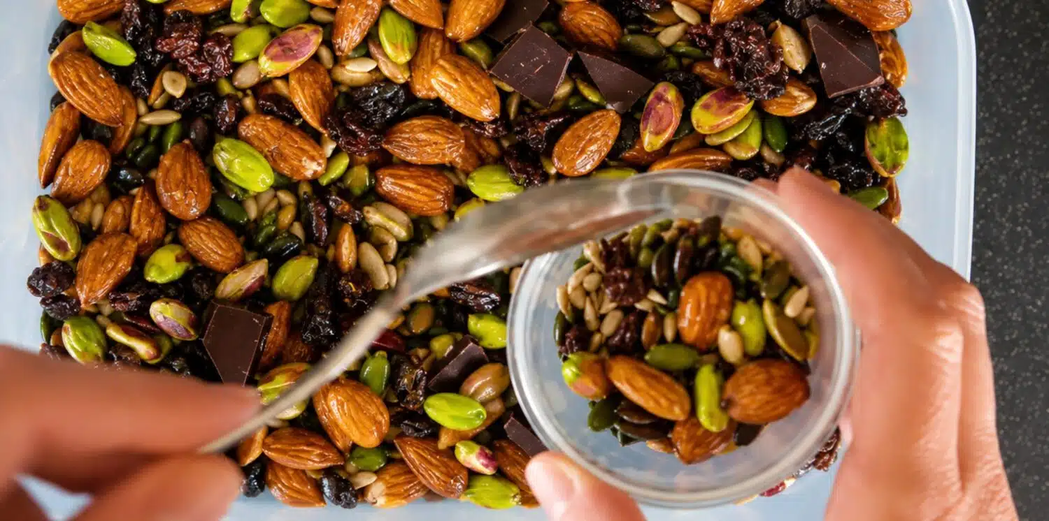 health trail mix featuring nuts, seeds, and raisins
