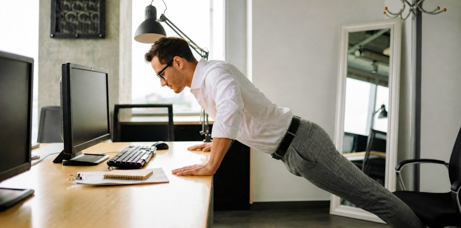 a man doing press ups against a desk in the office