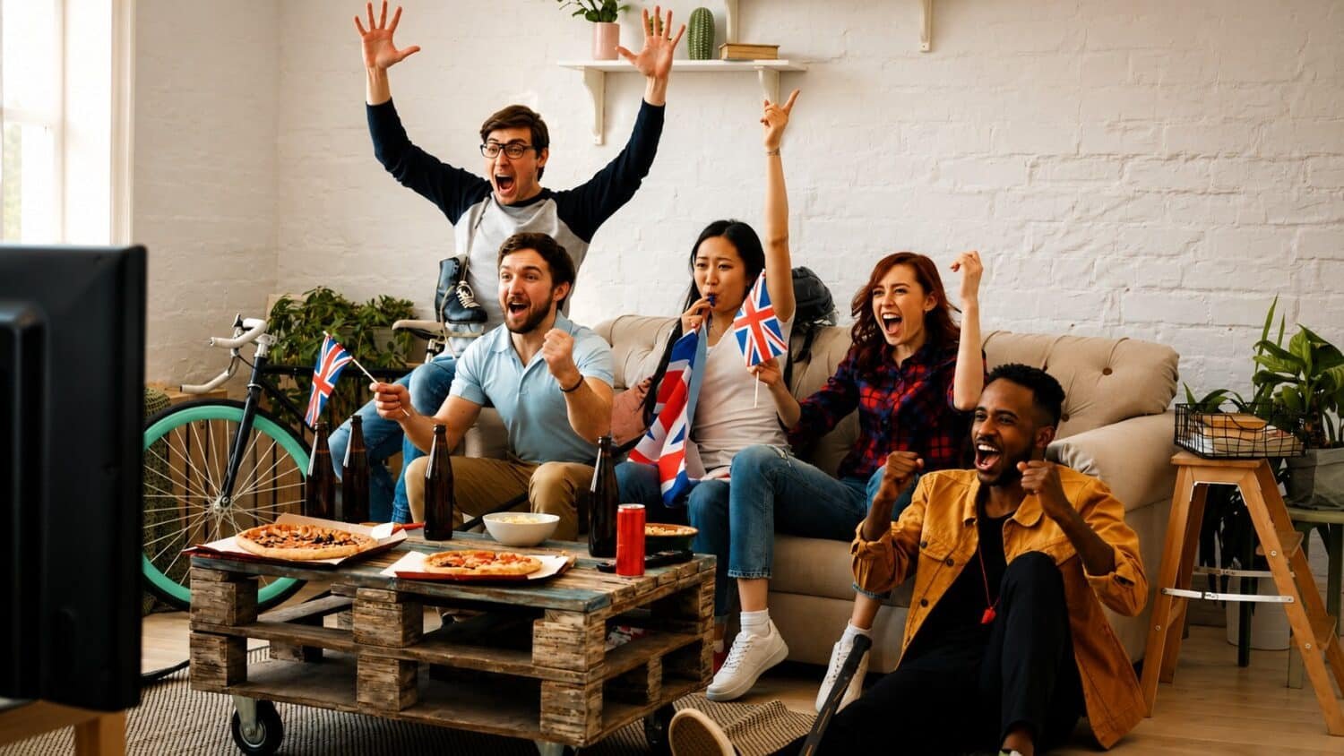 people with union jacks celebrating whilst watching tv with pizza
