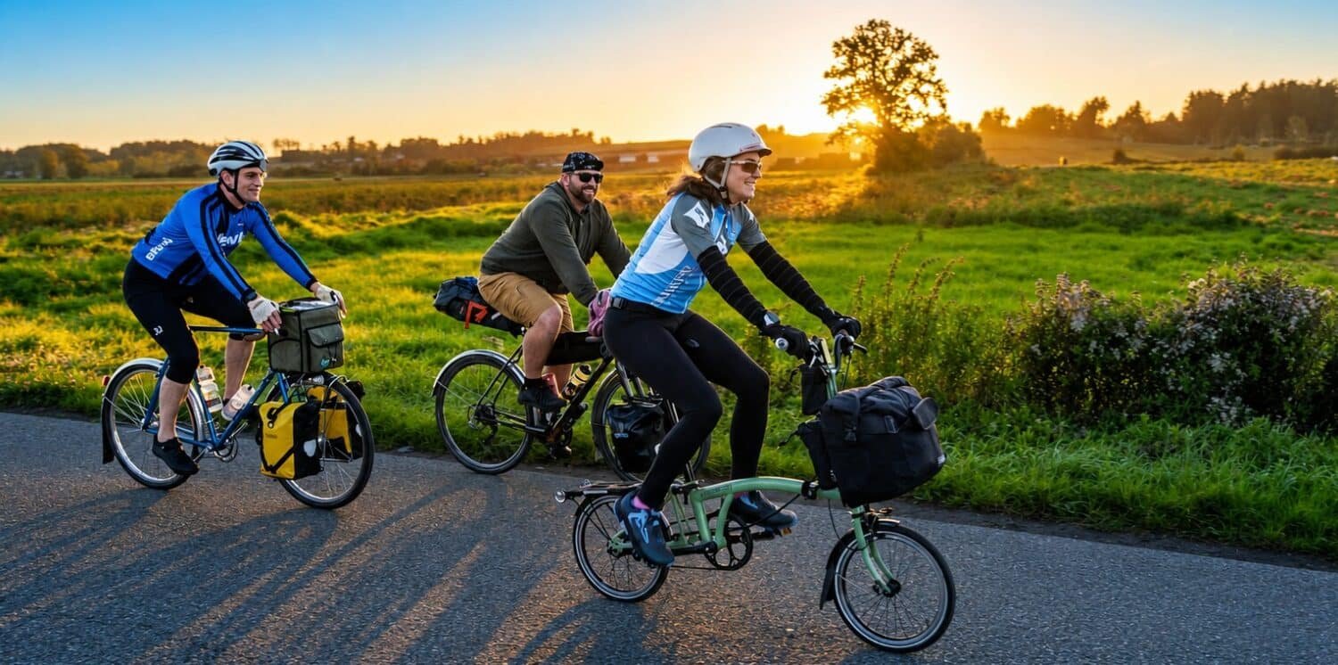 three people cycling in the countryside at sunset