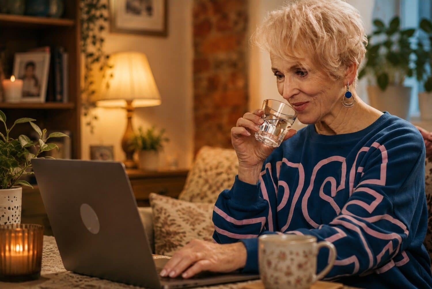 woman drinking water whilst looking at her laptop