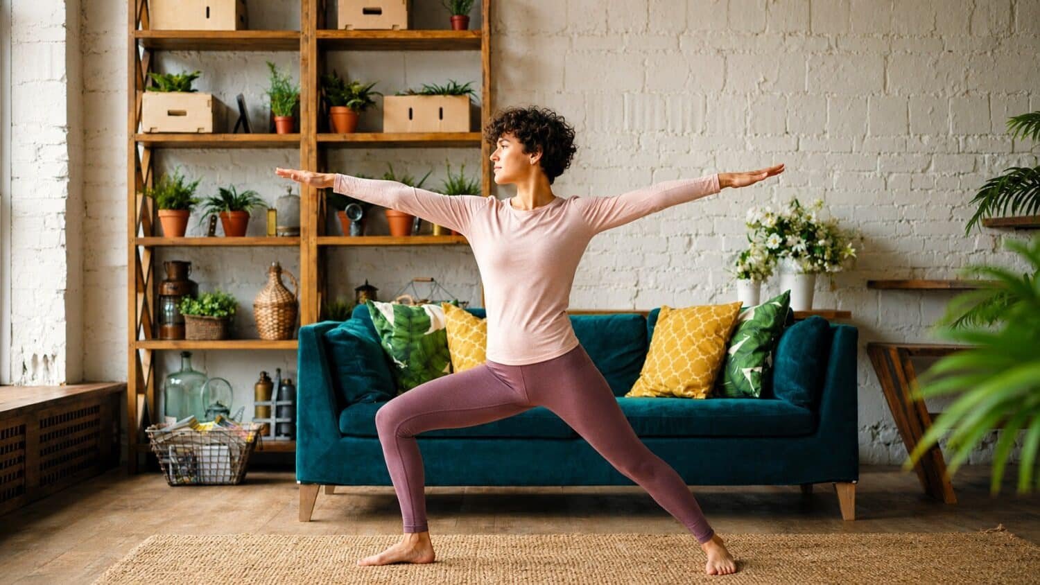 women practicing yoga in her living room