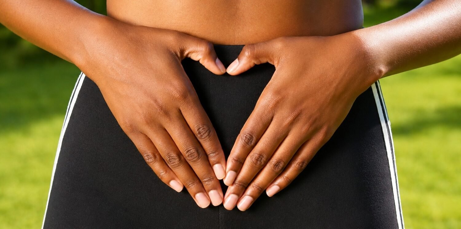 women holding her hands on her stomach in the shape of a heart