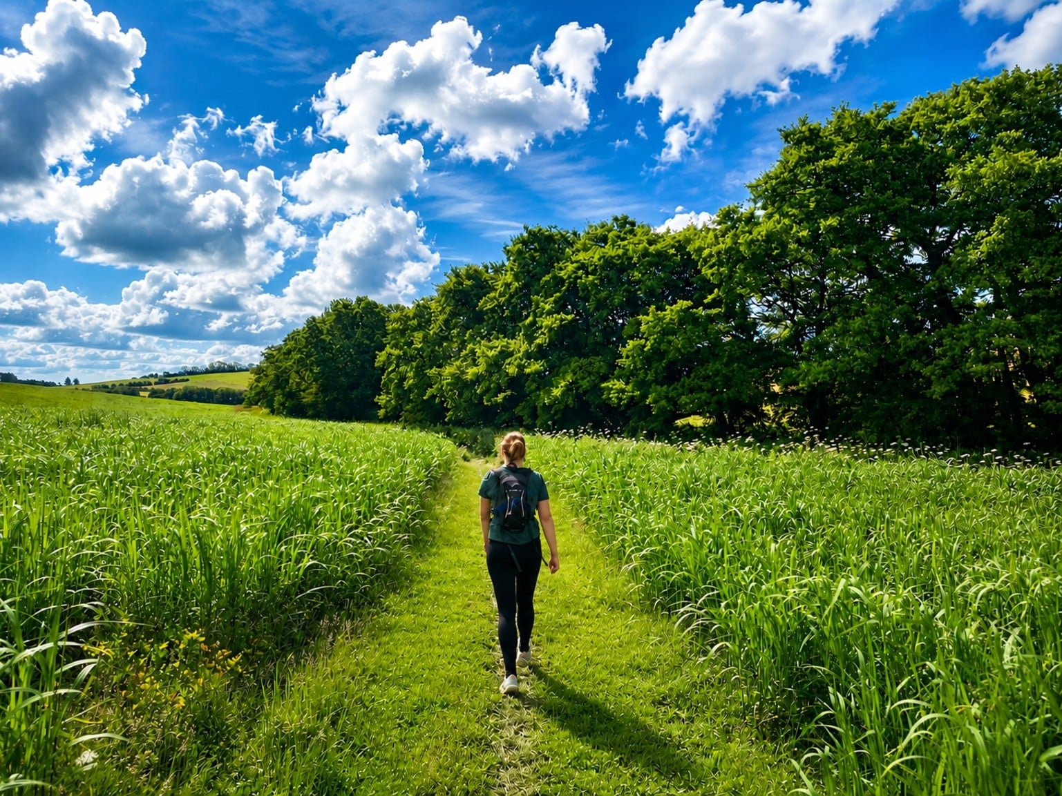 hiking in  the countryside on a summer morning
