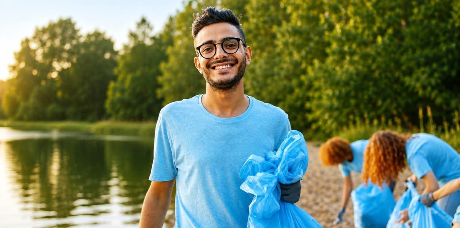 Volunteers picking up litter at a lake