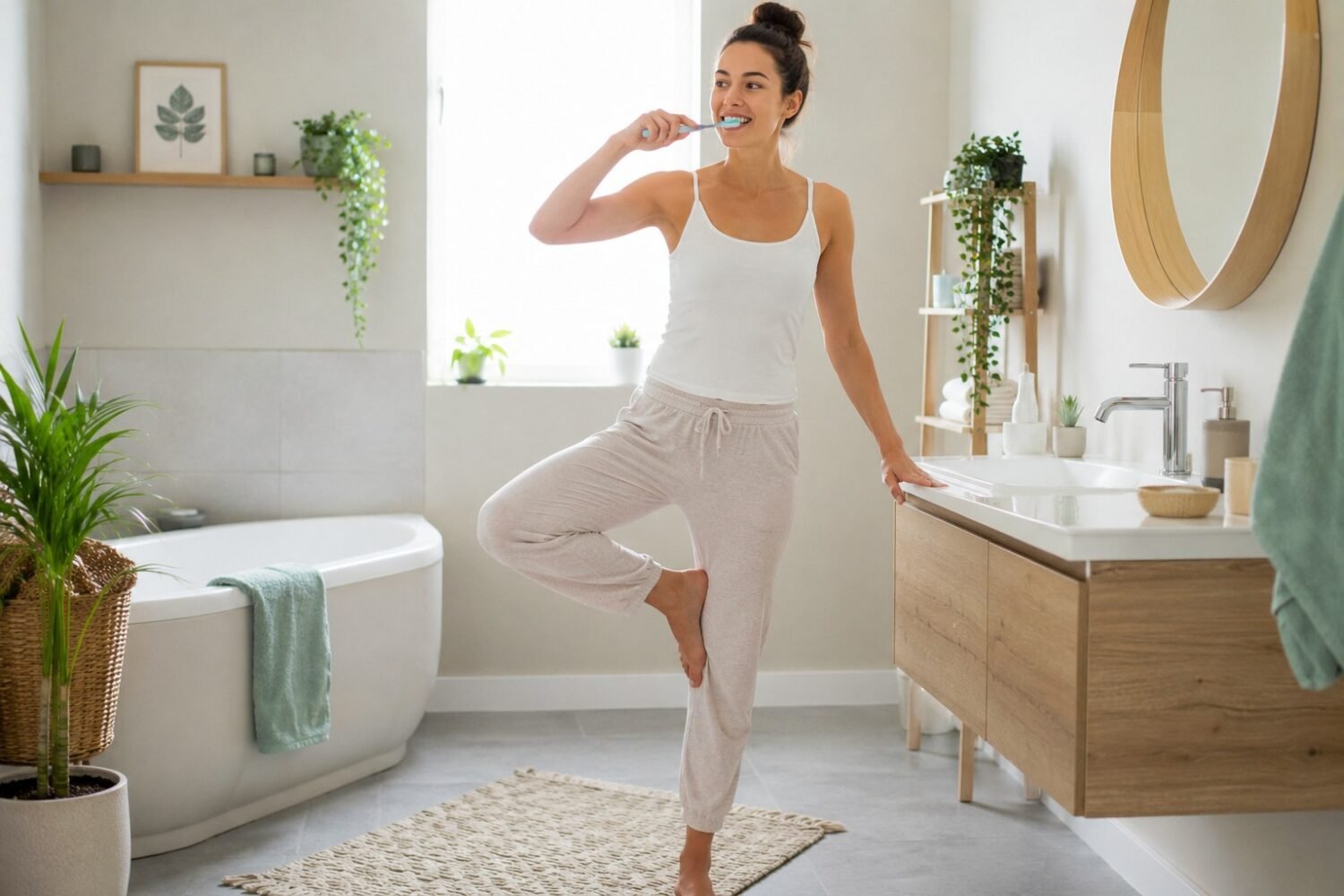 Women brushing her teeth whilst balancing on one leg