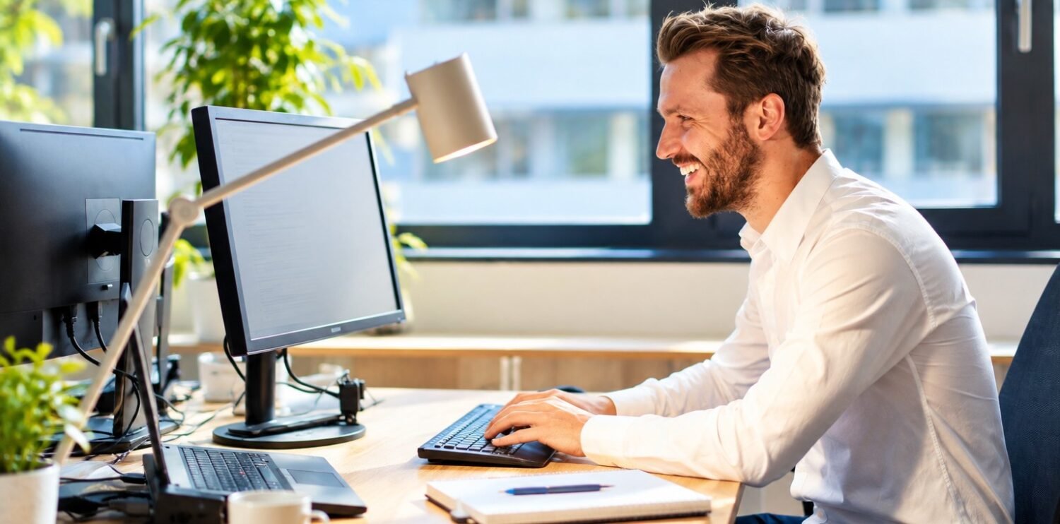 person sat at his desk , staring at a computer screens