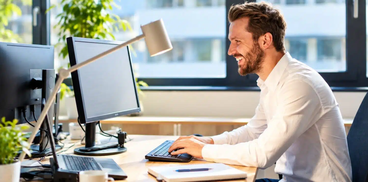 person sat at his desk , staring at a computer screens
