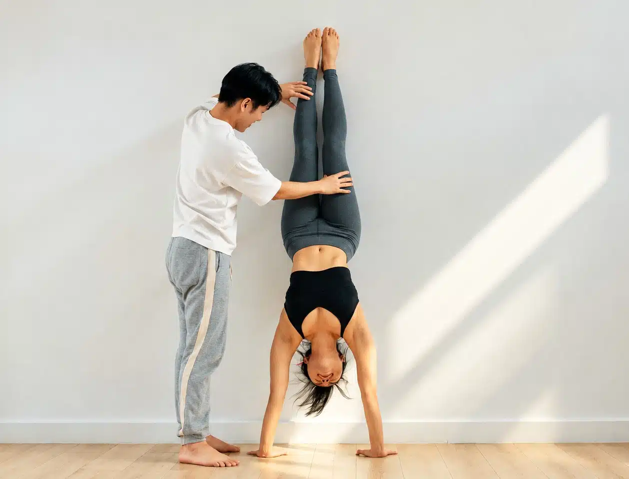 Couple practicing assisted handstands against a wall.